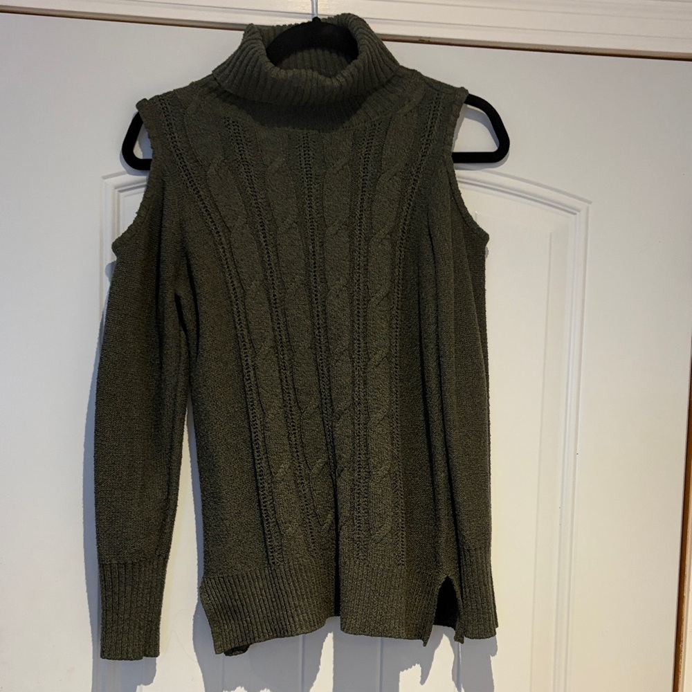 Olive Green Cable Knit Cold Shoulder Sweater